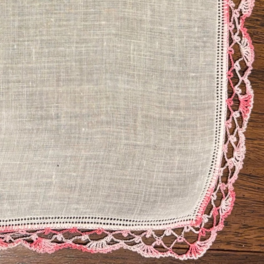 Vintage White Linen Pink Variegated Hand Crocheted Lace Trim Handkerchief